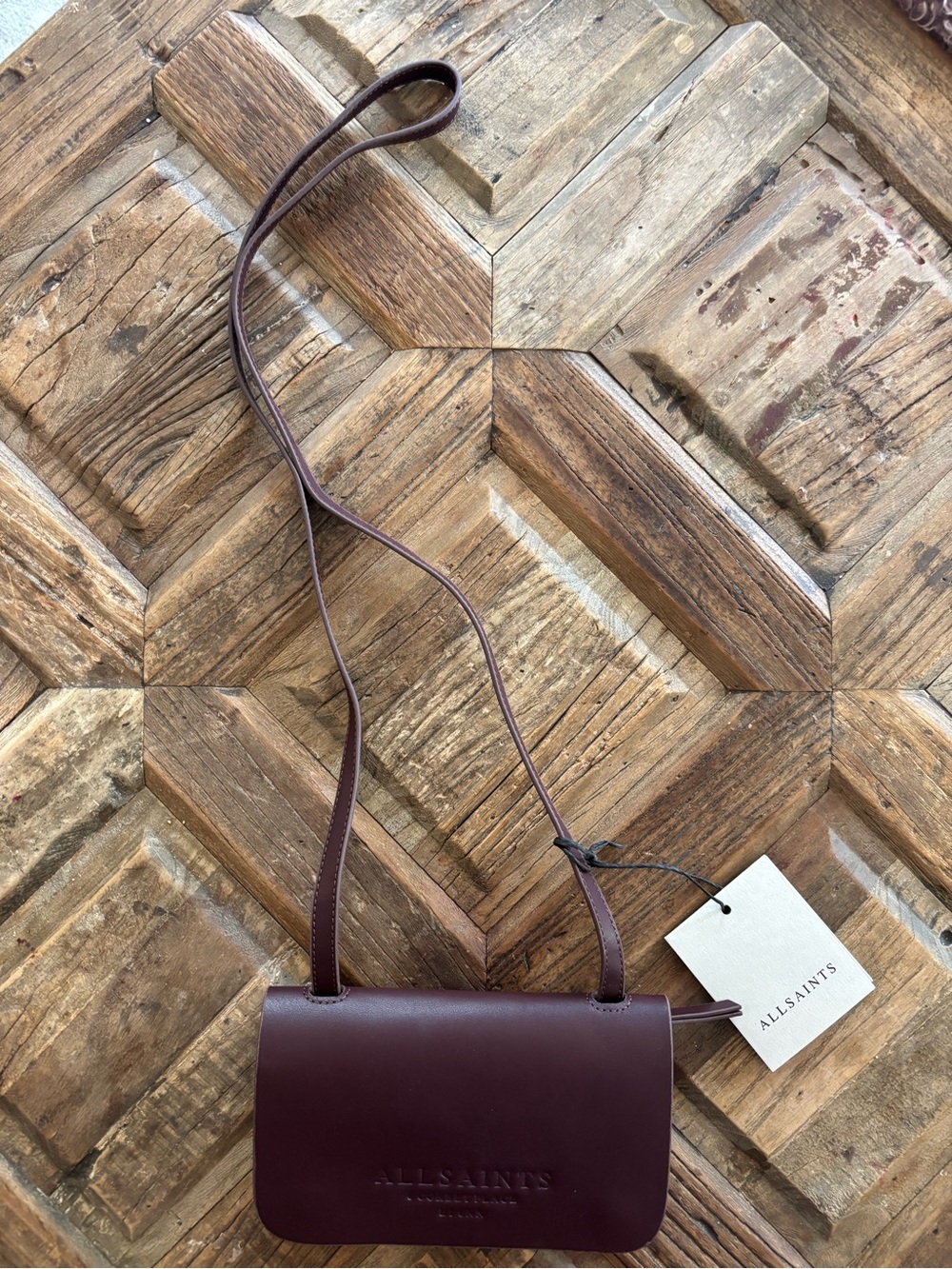 AllSaints Plum Leather Mini Crossbody Bag - Picture 2 of 7